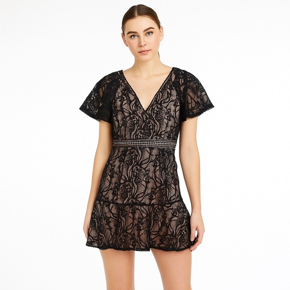 BB Dakota Black Floral Lace Tan Lining Sleeve Overlay Flare Dress Womens 4 NWT - Picture 1 of 16